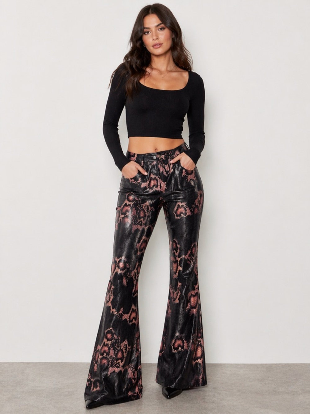 AKIRA Snake Print Faux Leather Flare Pants Brown Multi Size S NWT